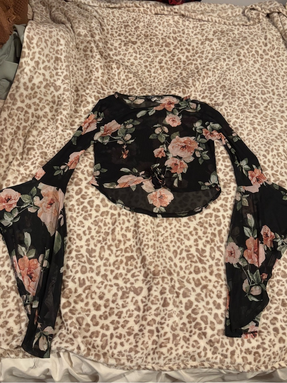 Y2K Whimsigoth Objex Black Floral Bell Sleeve Mesh Crop Black Medium